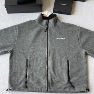 MIU MIU SS24 Women's Logo Embroidered Stand Collar Zipper Jacket, Grey, Size S